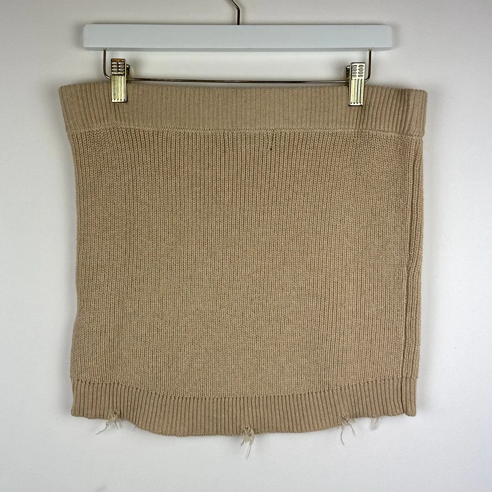 SER.O.YA Arola Skirt Rib Knit Cappuccino Beige Pull On Cotton Distressed XL NWT